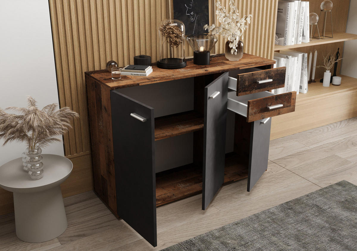 KOMMODE London LMK 3D2S mit 3 Türen, Sideboard in Farbe: Dunkelbraun|Schwarz, Größe: 106 x 75 x 35 cm - Dunkelbraun/Schwarz, Holzwerkstoff (106/75/35cm) - O-Sofa