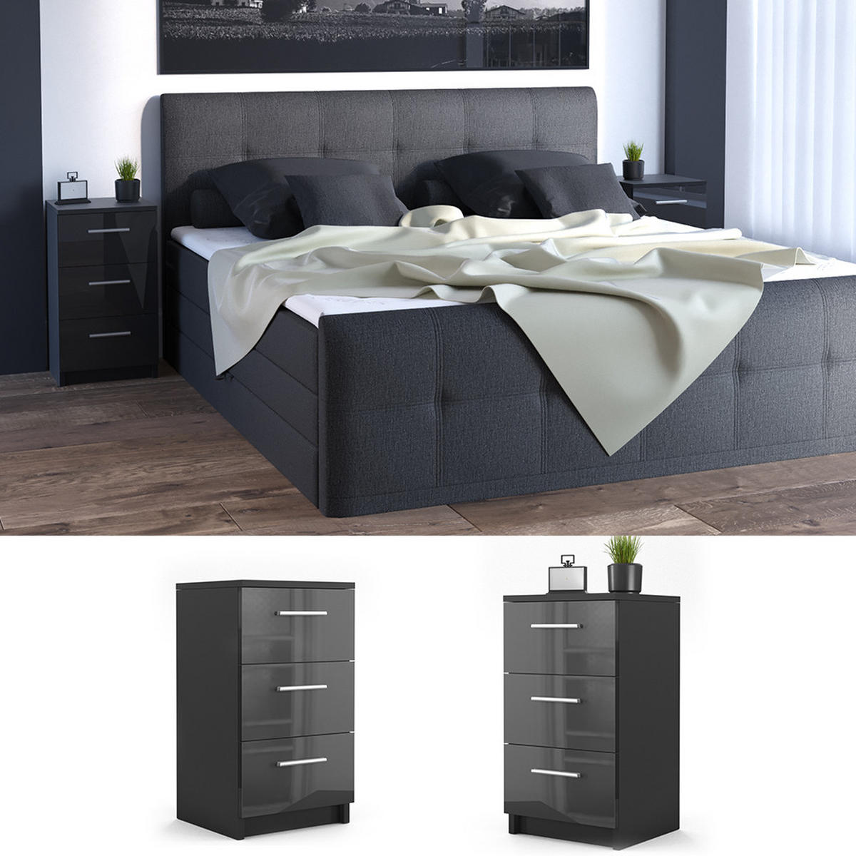NACHTTISCH Schwarz Hochglanz 38 x 66 cm 2er Set - Schwarz Hochglanz/Schwarz, Holzwerkstoff (38/66/35cm) - Vicco