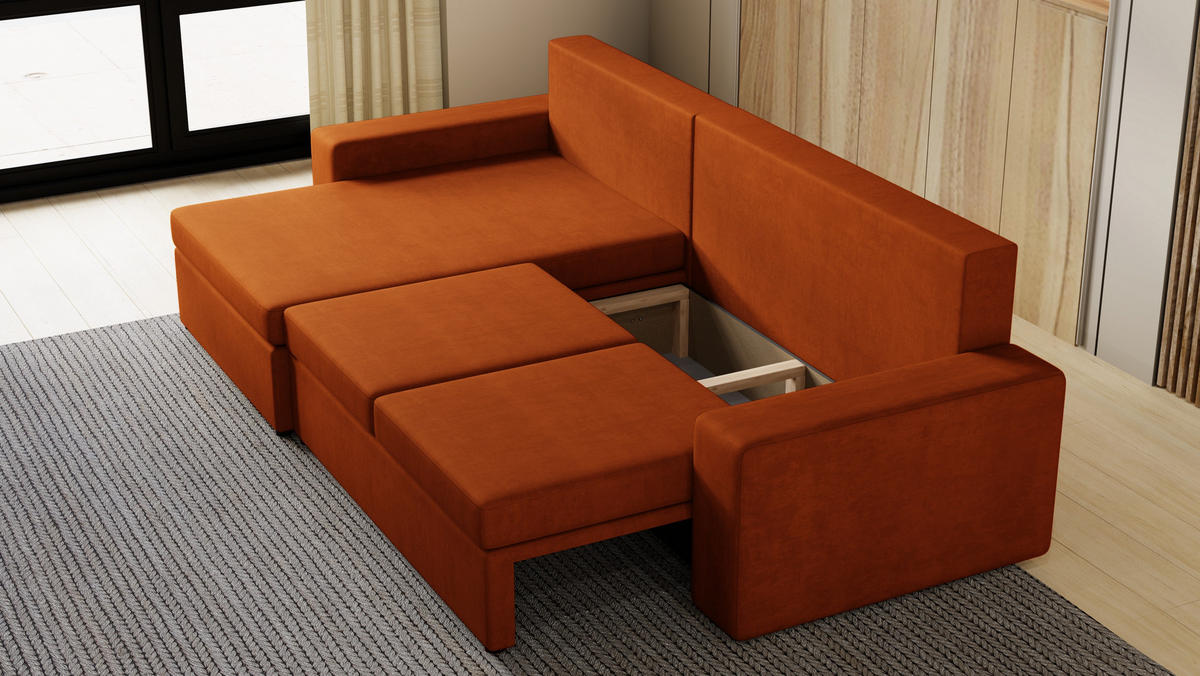 ECKSOFA Paco mit Bettkasten und Schlaffunktion, L-Form/XL-Form, Velourstoff, Universal - Rostfarben, Holzwerkstoff (276/145cm) - 4ALL HOME