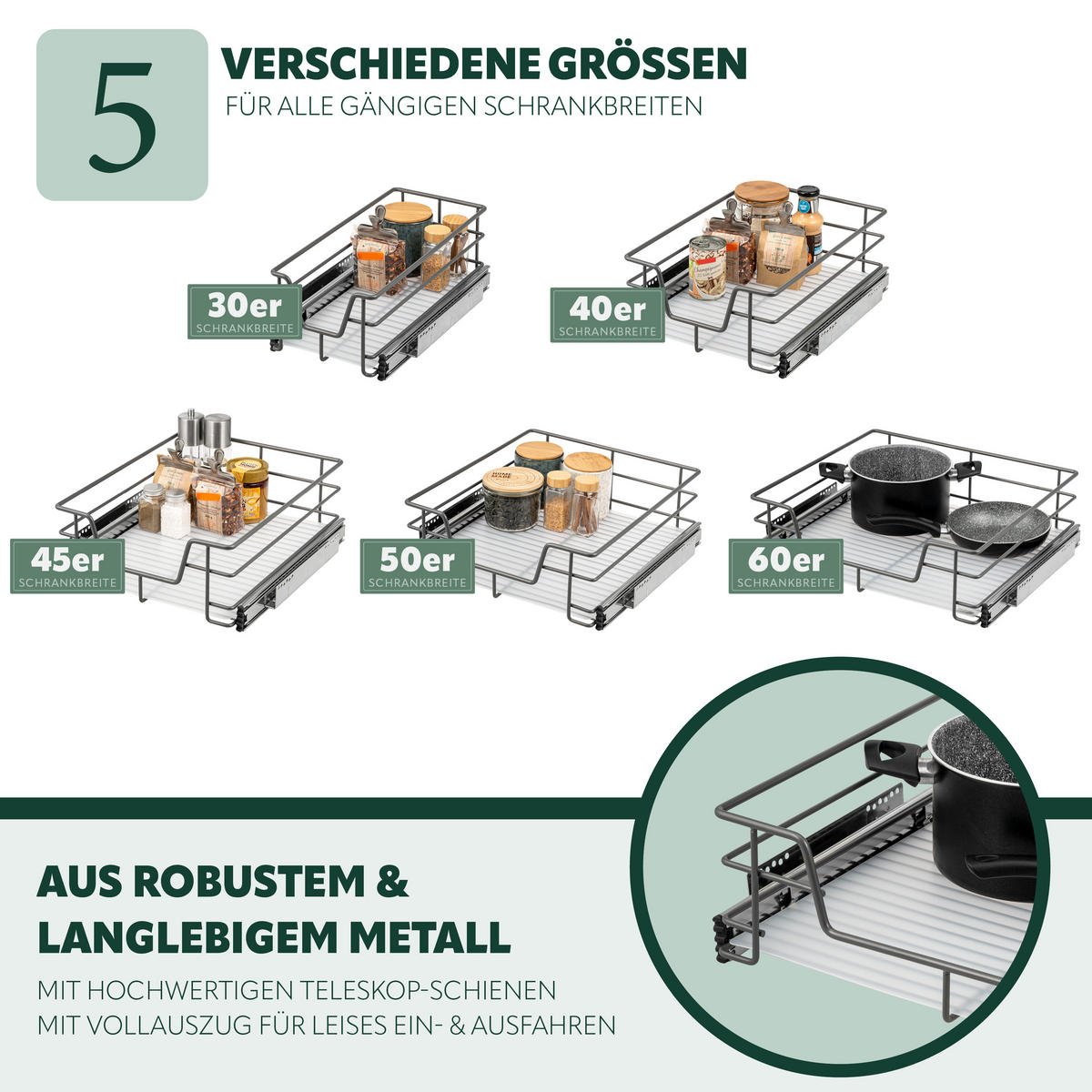 TELESKOPSCHUBLADE 50 cm, Küchenschublade mit Einlegeboden, grau - Grau, Metall (47/14/44cm) - bremermann