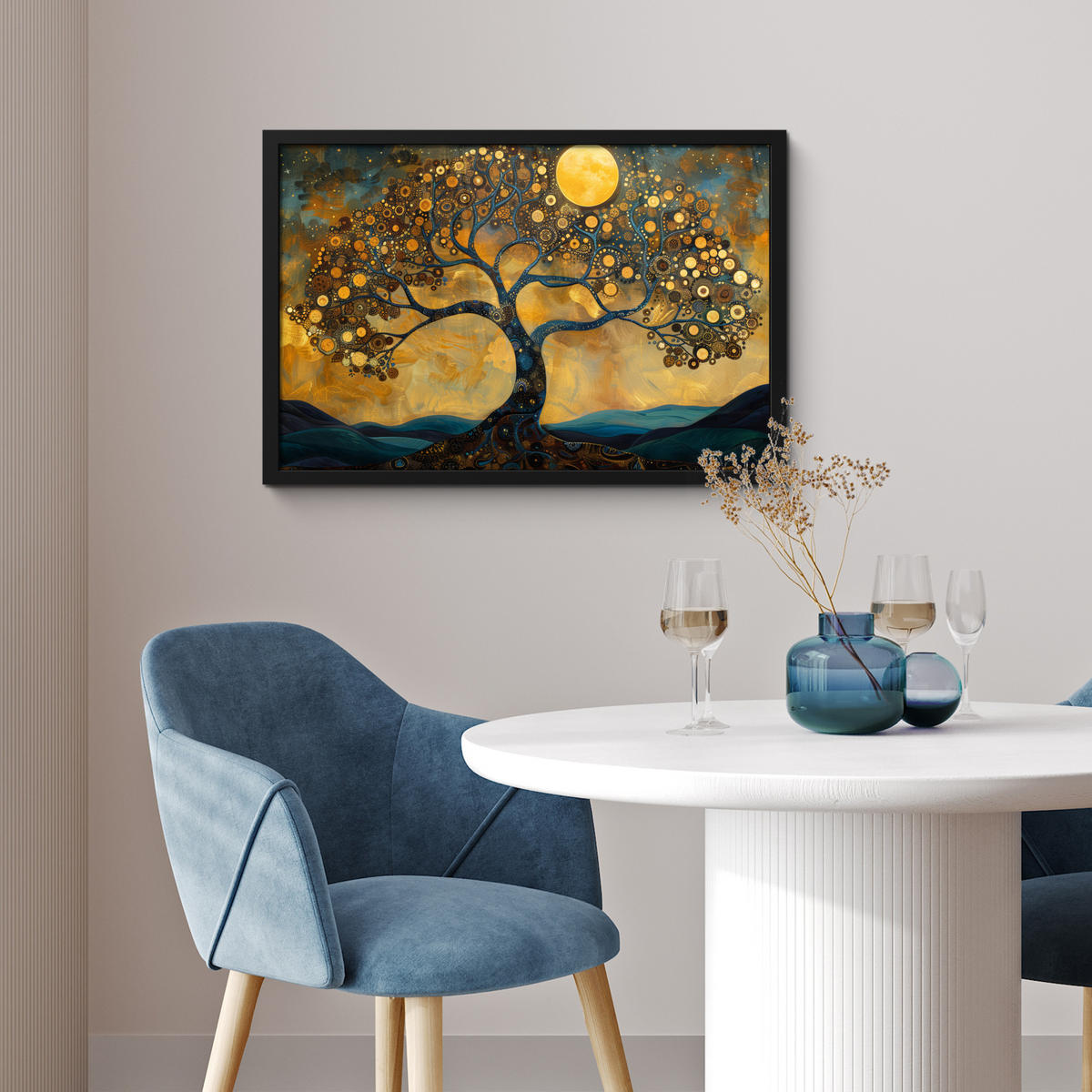 POSTER MIT RAHMENGERAHMTES BILD Baum - Mond - Blumen - Gold - Kunst 60x40 cm - Orange, Papier (60/40cm) - MuchoWow