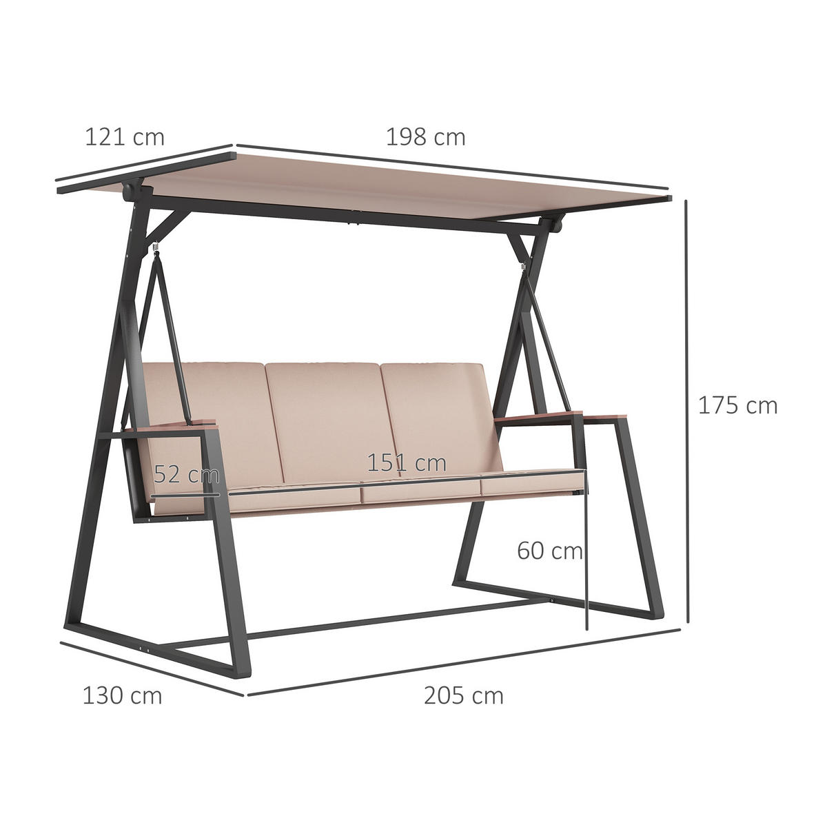 HOLLYWOODSCHAUKEL mit Verstellbarem Dach, Khaki, 205 x 130 x 175 cm - Braun, Metall (130/175/205cm) - Outsunny
