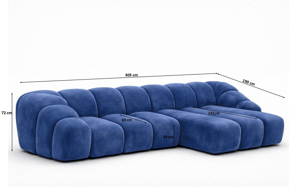 ECKSOFA Modulare L-Form, Veloursstoff Bluvel, Tintenblau, Rechts, CROISSANT L - Blau, Holz (305/190cm) - Kaiser Möbel