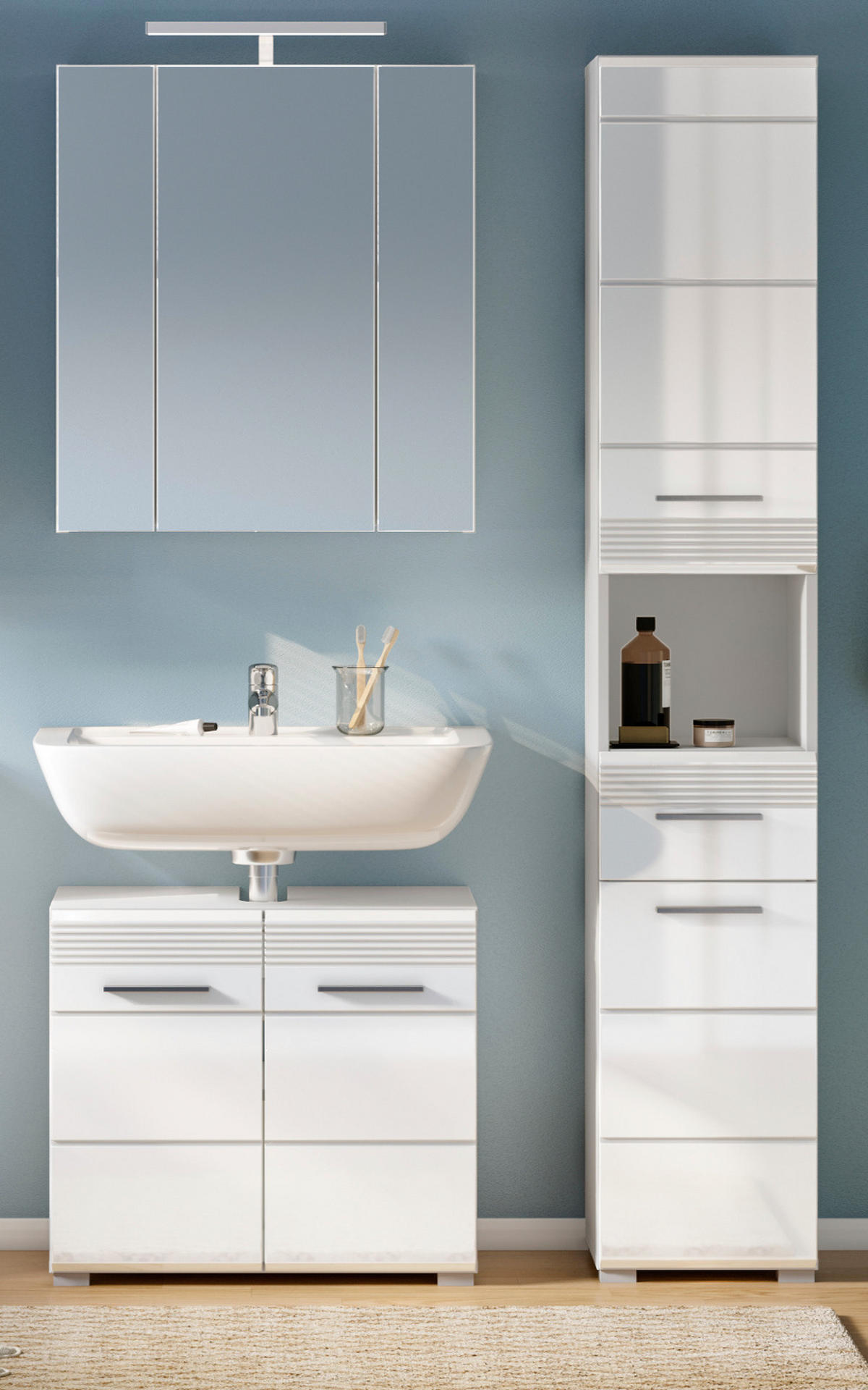 BADMÖBEL-SET weiß Hochglanz, 3-teilig 105 x 182 cm, Badkombination mit Spiegelschrank - Weiß Hochglanz, Glas/Holzwerkstoff (105/182/34cm) - Inn.Furn
