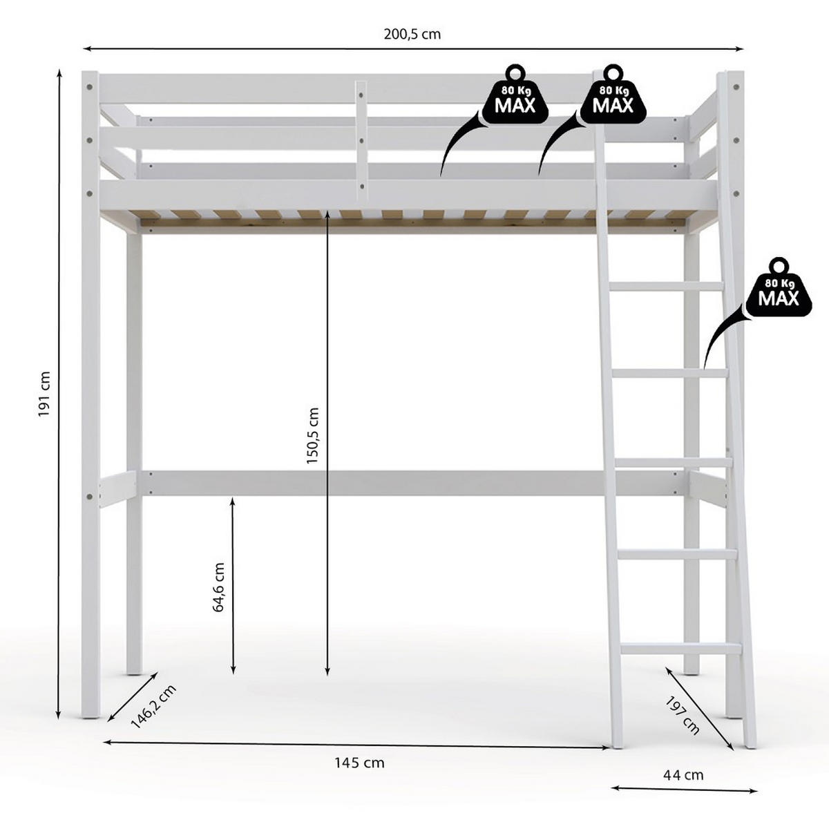 HOCHBETT STUDIO mit Lattenrost / Hochbett 140x190 - Weiß - Weiß, Holz (140/190cm) - Weber Industries