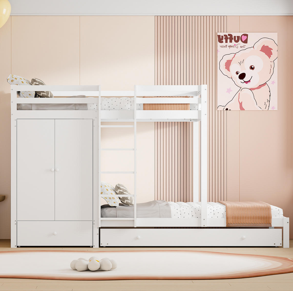 ETAGENBETT 90/200 cm aus Holz mit Ausziehbett und Kleiderschrank - Weiß, Holz (90/200cm) - BEAOK