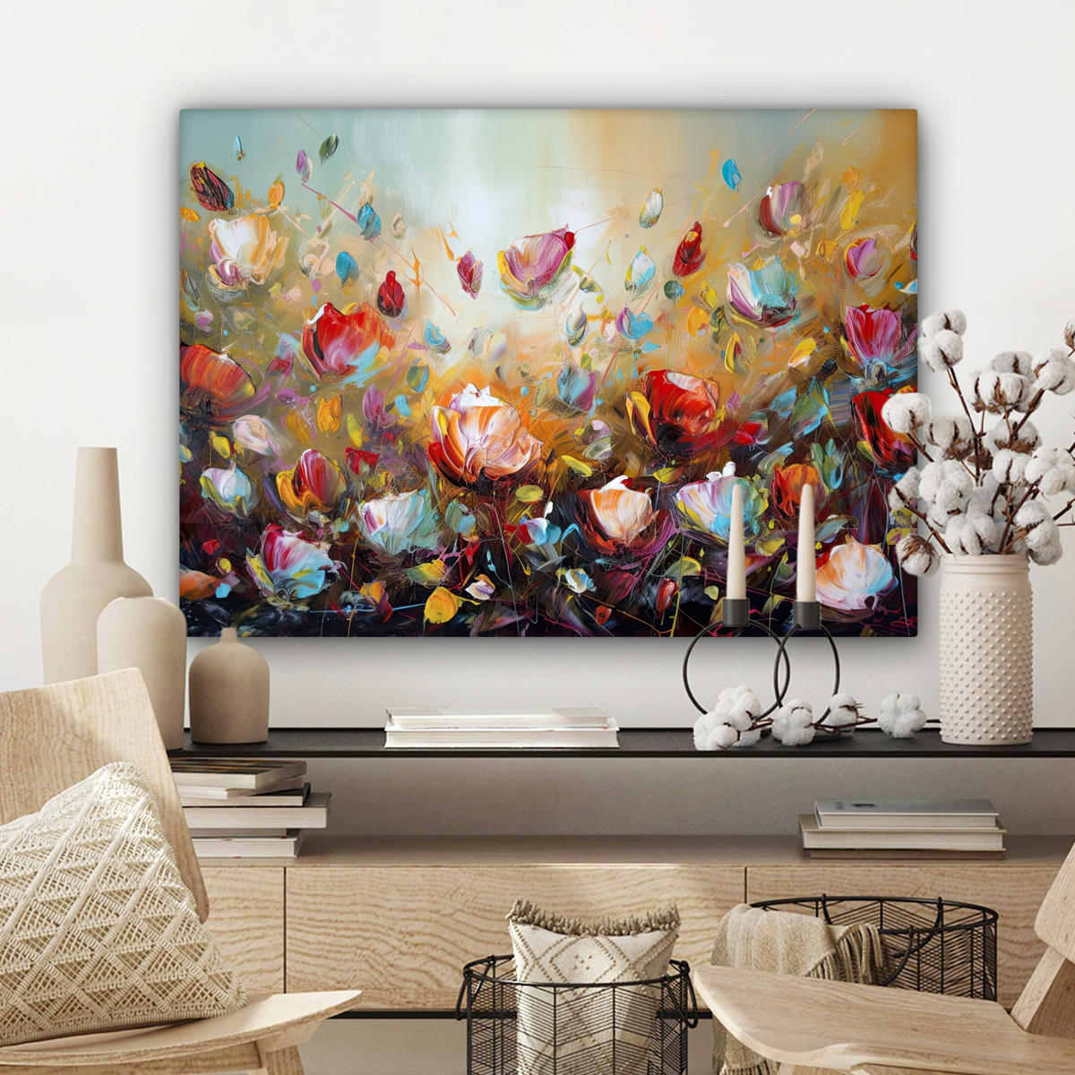 LEINWANDBILD Blumen - Kunst - Natur - Ölgemälde Wandbilder 80x60 cm - Multicolor, Textil (80/60cm) - MuchoWow