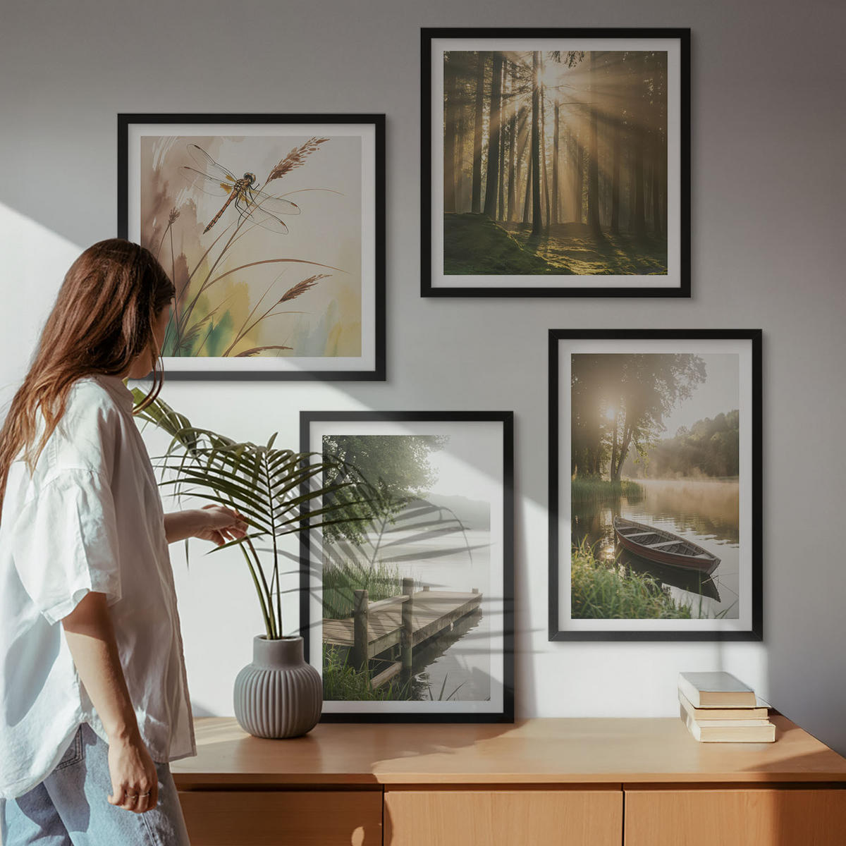 BILDER SET 4er Set - 50x50 cm & 40x60 cm Schwarzer Rahmen - See, Wald, Boot, Morgennebel - Schwarz, Kunststoff (50/50cm) - TULUP