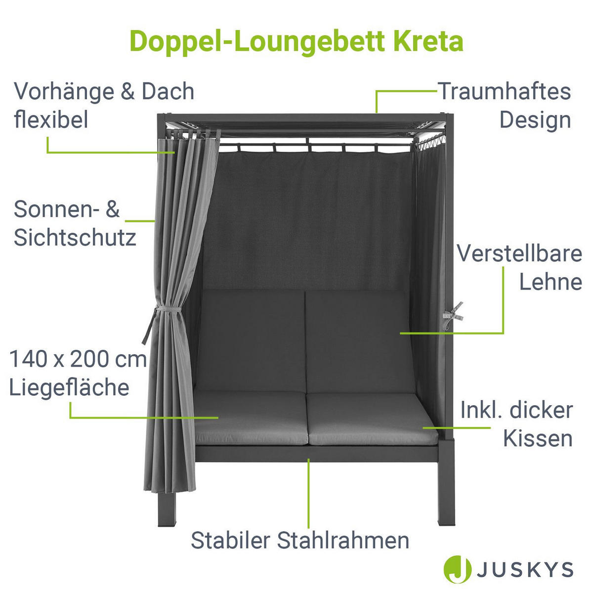 DOPPELLIEGE Loungebett Kreta grau/ dunkelgrau - Grau, Metall (147/207/207cm) - Juskys