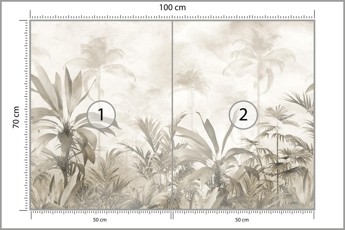 FOTOTAPETE für Wohnzimmer Vintage Tropischer Wald Palmen Blätter 100x70 - Beige/Grau, Papier (100/70cm) - Muralo