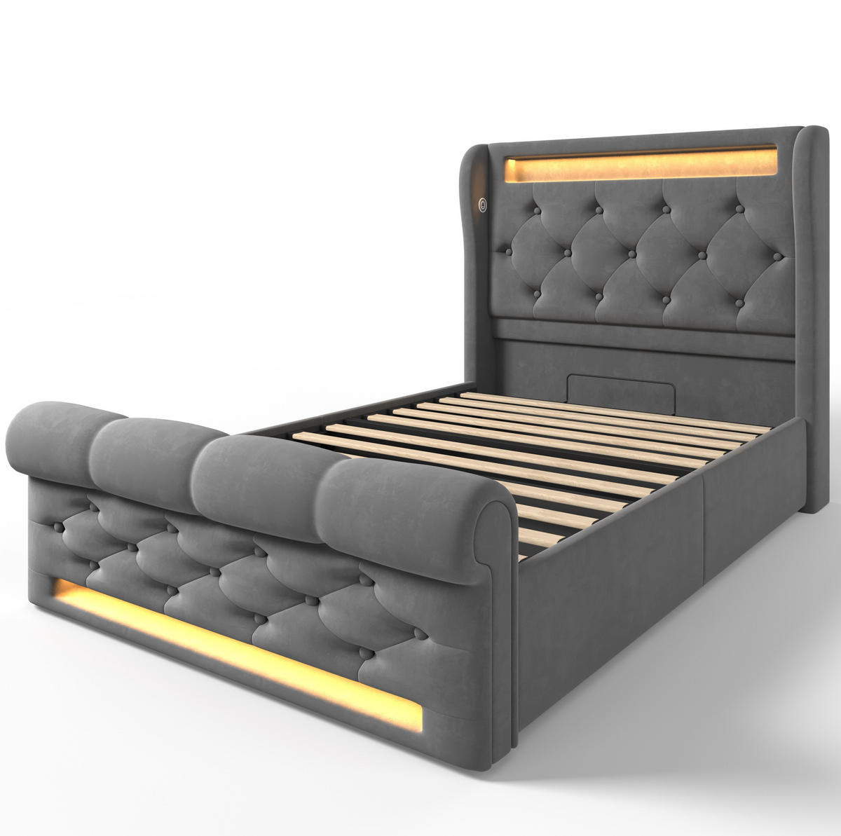 SAMT-POLSTERBETT 90/200 cm mit LED-Beleuchtung und Bettkasten, Grau - Grau, Textil (90/200cm) - BEAOK