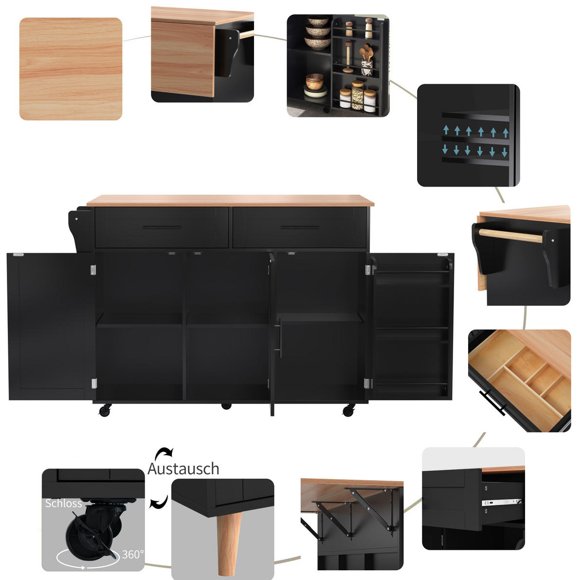 SERVIERWAGEN mit klappbarer Platte 129x71x91,5 cm MDF Black/Natural - Schwarz, Holz (46/91.5/120cm) - Beauniv
