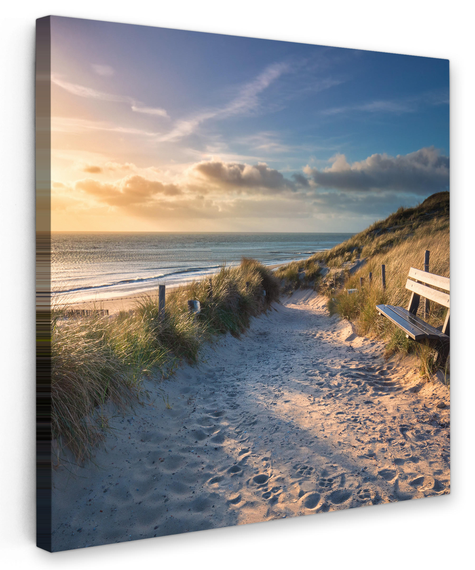 LEINWANDBILD Sonnenuntergang - Strand - Düne - Gras - Ufer Deko Wohnzimmer 20x20 cm - Sandfarben, Textil (20/20cm) - MuchoWow