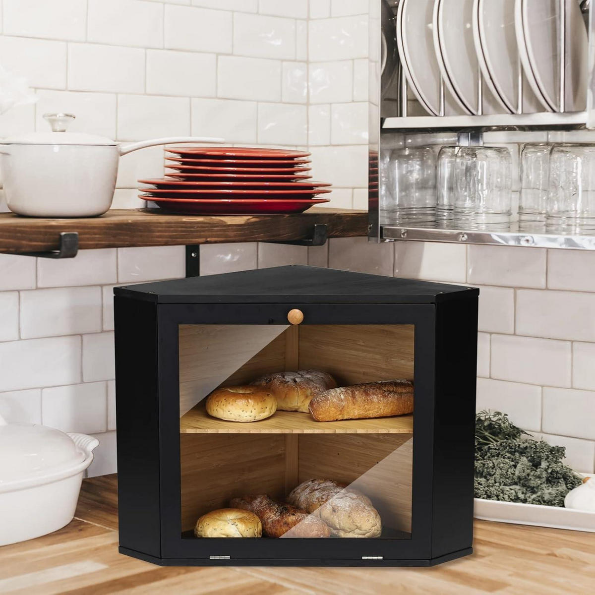 BROTKASTEN 2 Etagen Schwarz 32 x 32 x 34 cm - Schwarz, Naturmaterialien (32/34/32cm)