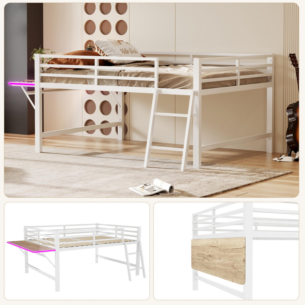 HOCHBETT mit Schreibtisch 140/200 cm in Weiß – Metallbett mit Leiter und LED - Weiß, Metall (140/200cm) - BEAOK