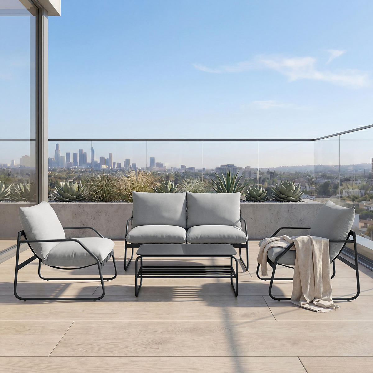 LOUNGEGRUPPE - 4-teilig - Stahl / Webstoff - Anthrazit, Glas/Textil - home24