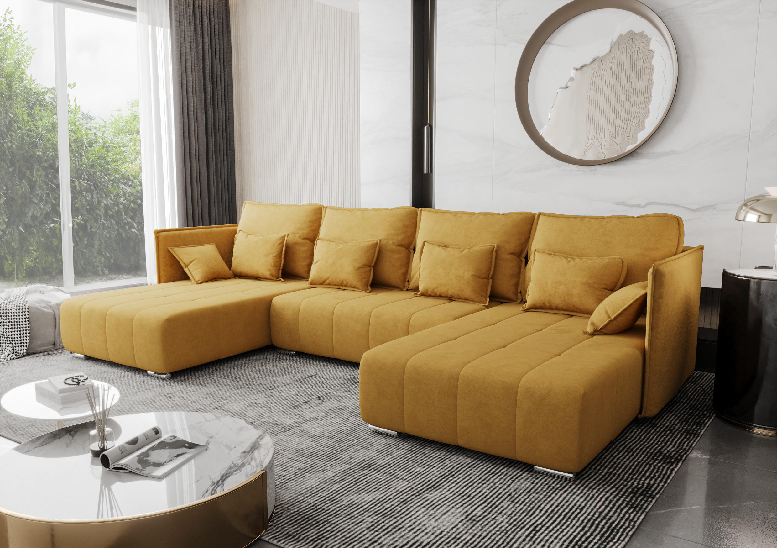 WOHNLANDSCHAFT Florinna Gelb 345/182/87 cm mit Schlaffunktion - Chromfarben/Gelb, Textil/Metall (345/87/182cm) - AX Living