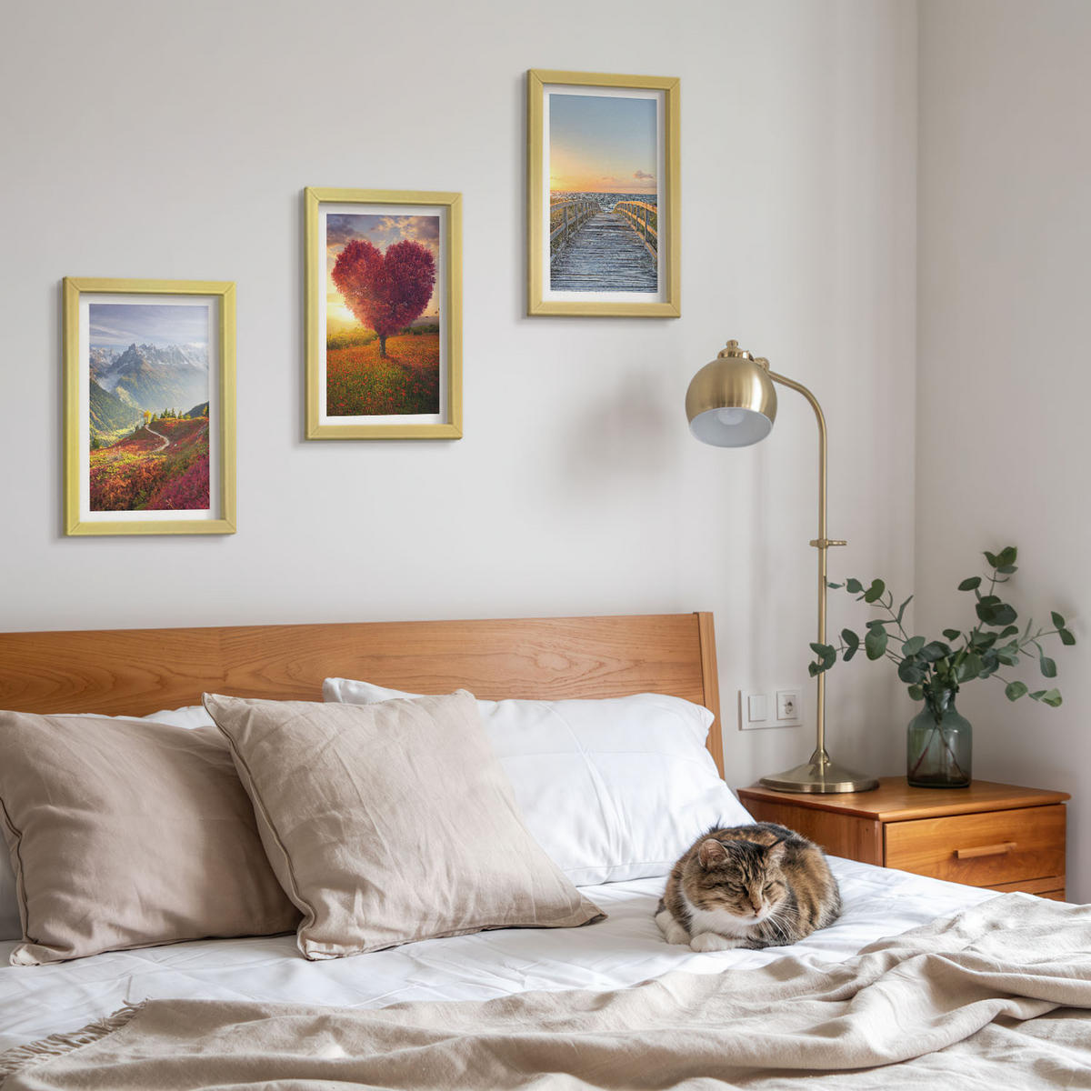 WANDBILDER 3er Set - 20x30 cm Goldrahmen - Landschaften Berge Baum Herz Pier - Goldfarben, Kunststoff (20/30cm) - ArtPrintCave