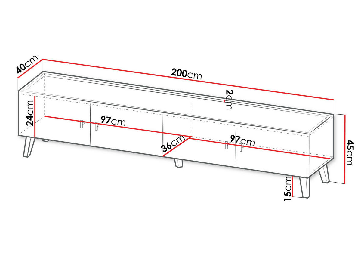 TV-LOWBOARD Vurkizo 200 4D - Eichefarben/Schwarz, Holzwerkstoff/Kunststoff (200/45/40cm) - MIRJAN24