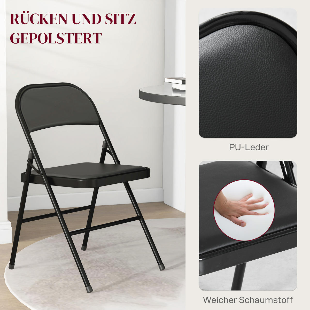 4ER-SET Klappstühle Tragbare Bürostuhl mit Kissen Stahlbeine Kunstleder, Schwarz - Schwarz, Kunststoff/Metall (46/78/45cm) - HOMCOM