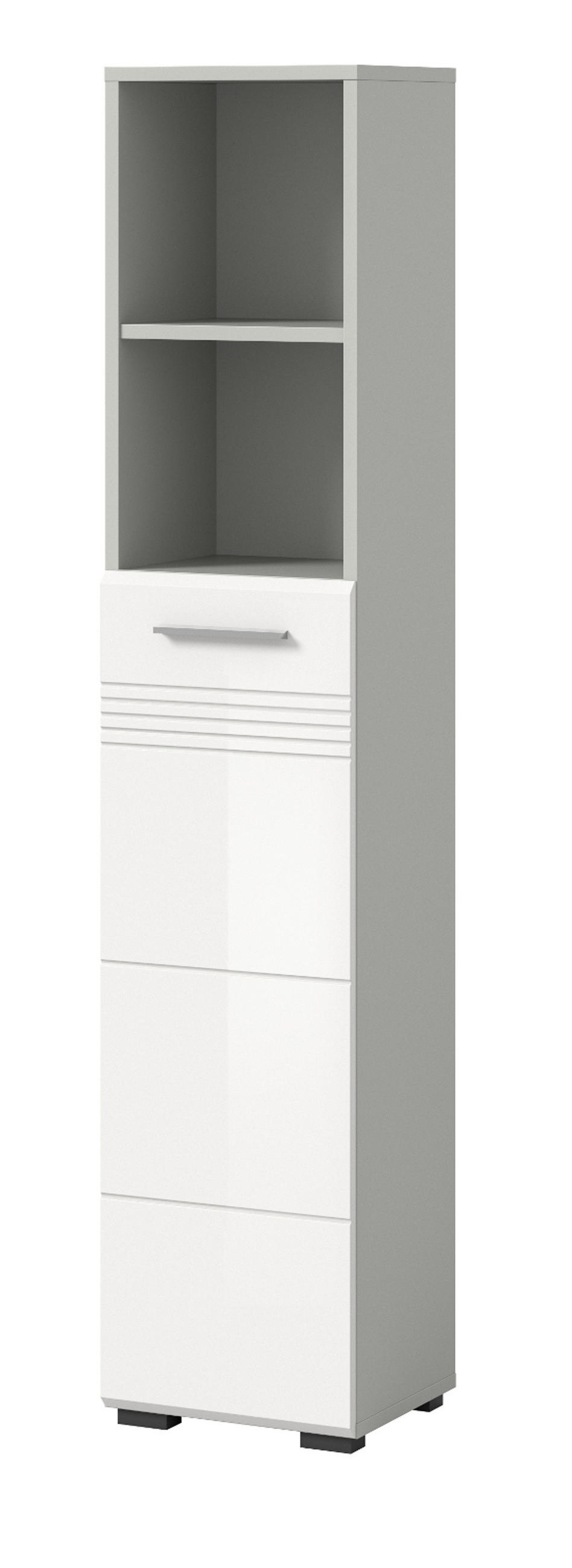 HOCHSCHRANK weiß Hochglanz, grau 30 cm, Badschrank mit Soft-Close - Weiß Hochglanz/Silberfarben, Holzwerkstoff/Kunststoff (30/150/30cm) - Inn.Furn