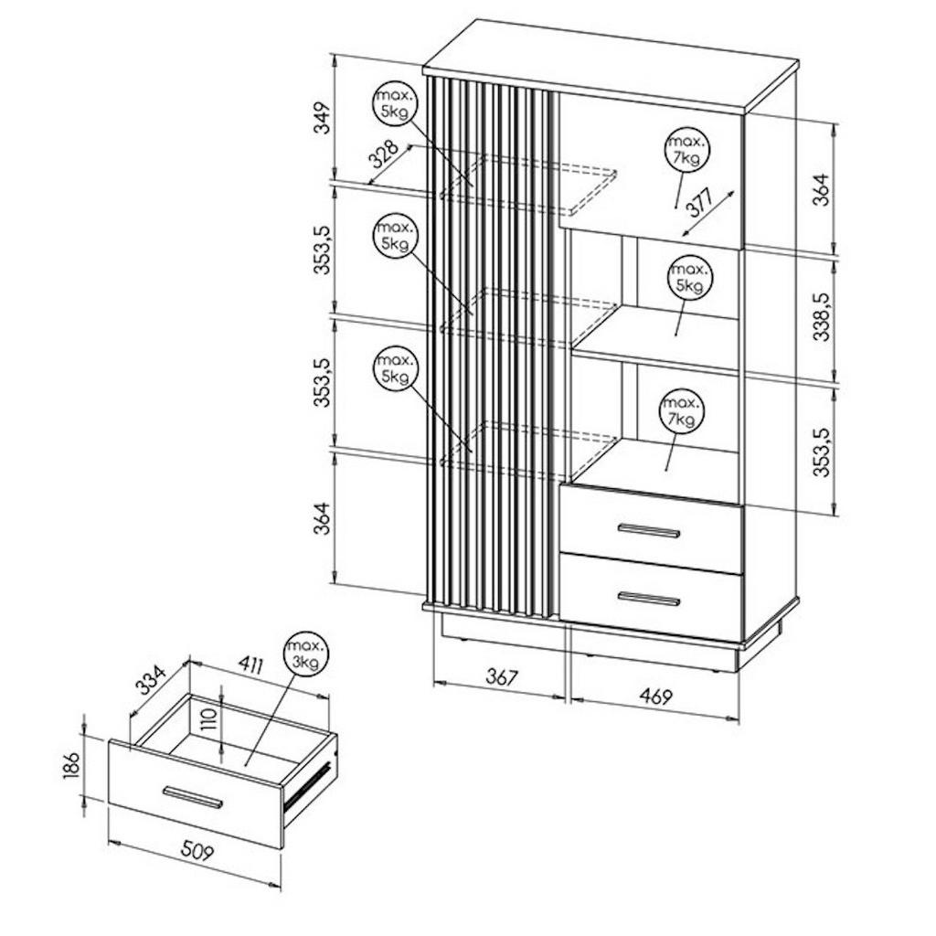 Thumbnail - Feldmann-Wohnen Highboard, Braun, Schwarz, Holz, 3 Fächer, 2 Schubladen, Rechteckig, 90x159x40 cm, Wohnzimmer, Kommoden ...