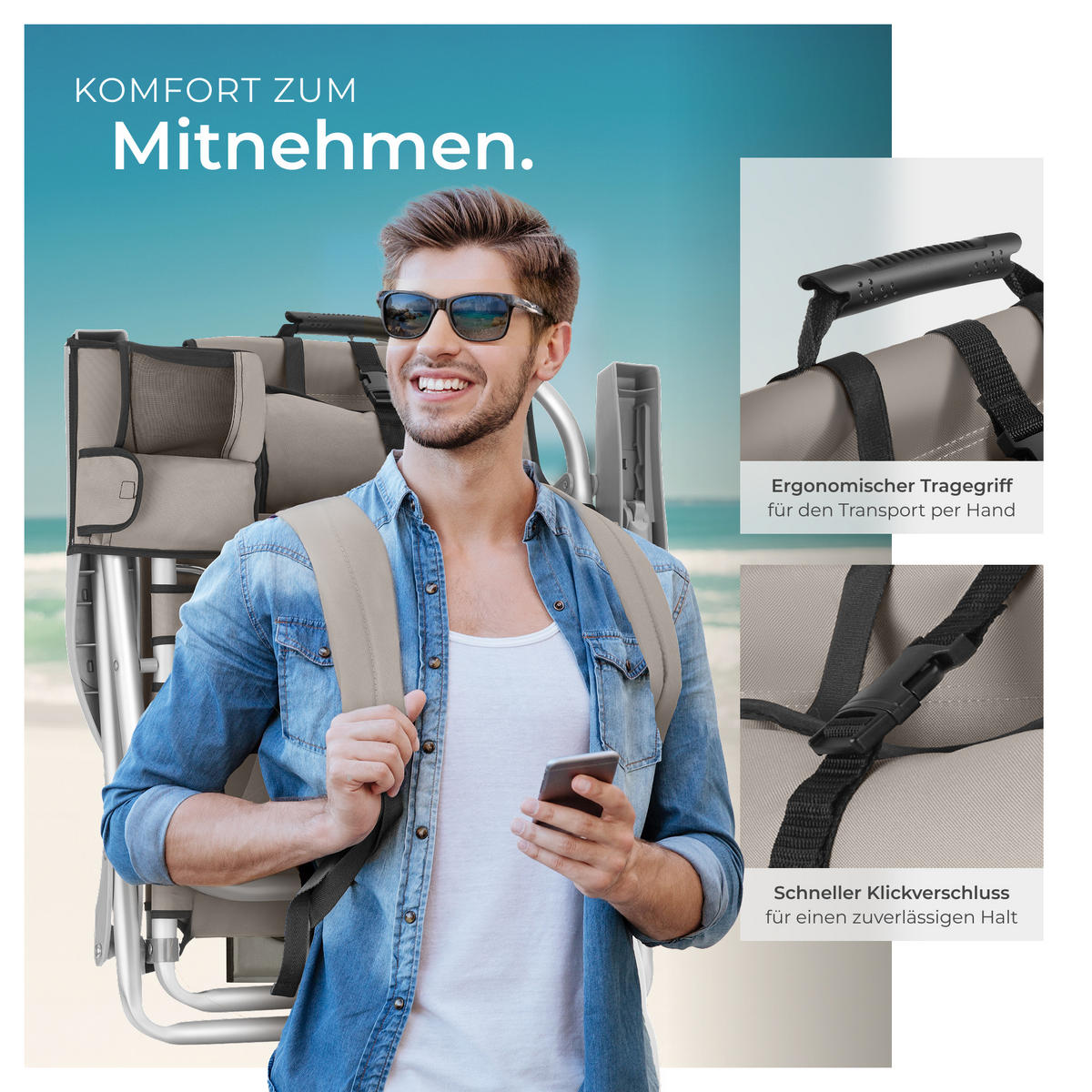 STRANDSTUHL Coral, rückseitige Kühltasche und Aufbewahrungstasche, beige - Beige, Kunststoff (63/78/101cm) - tectake