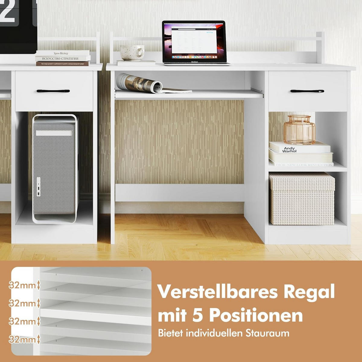 DATORBORD vitt - Vit, Träbaserade material (55/105/89cm) - COSTWAY