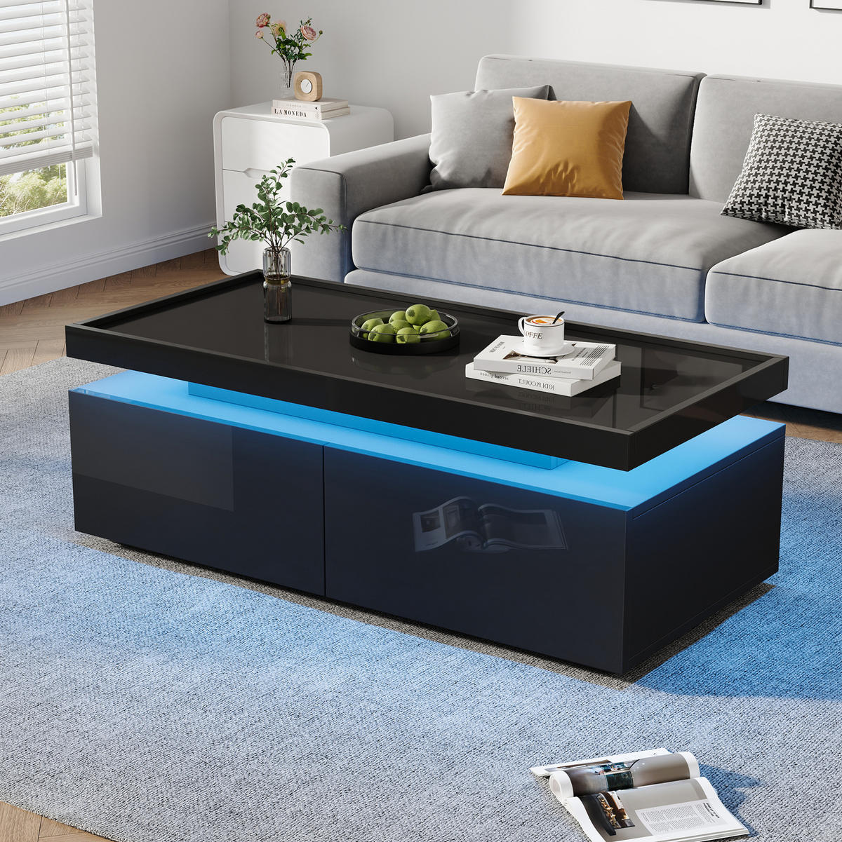 COUCHTISCH 95/45/35 cm in Schwarz Hochglanz mit LED-Beleuchtung und 2 Schubladen - Schwarz, Holzwerkstoff (95/45/35cm) - Flora Grace
