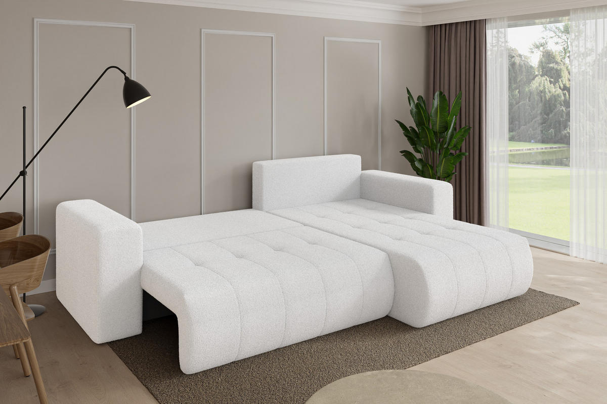 ROHOVÁ SEDAČKA s funkcí spaní, otoman vpravo MILA-L 277x194x86 bílá bouclé - bílá/černá, kompozitní dřevo/textil (277/194cm) - ALTDECOR
