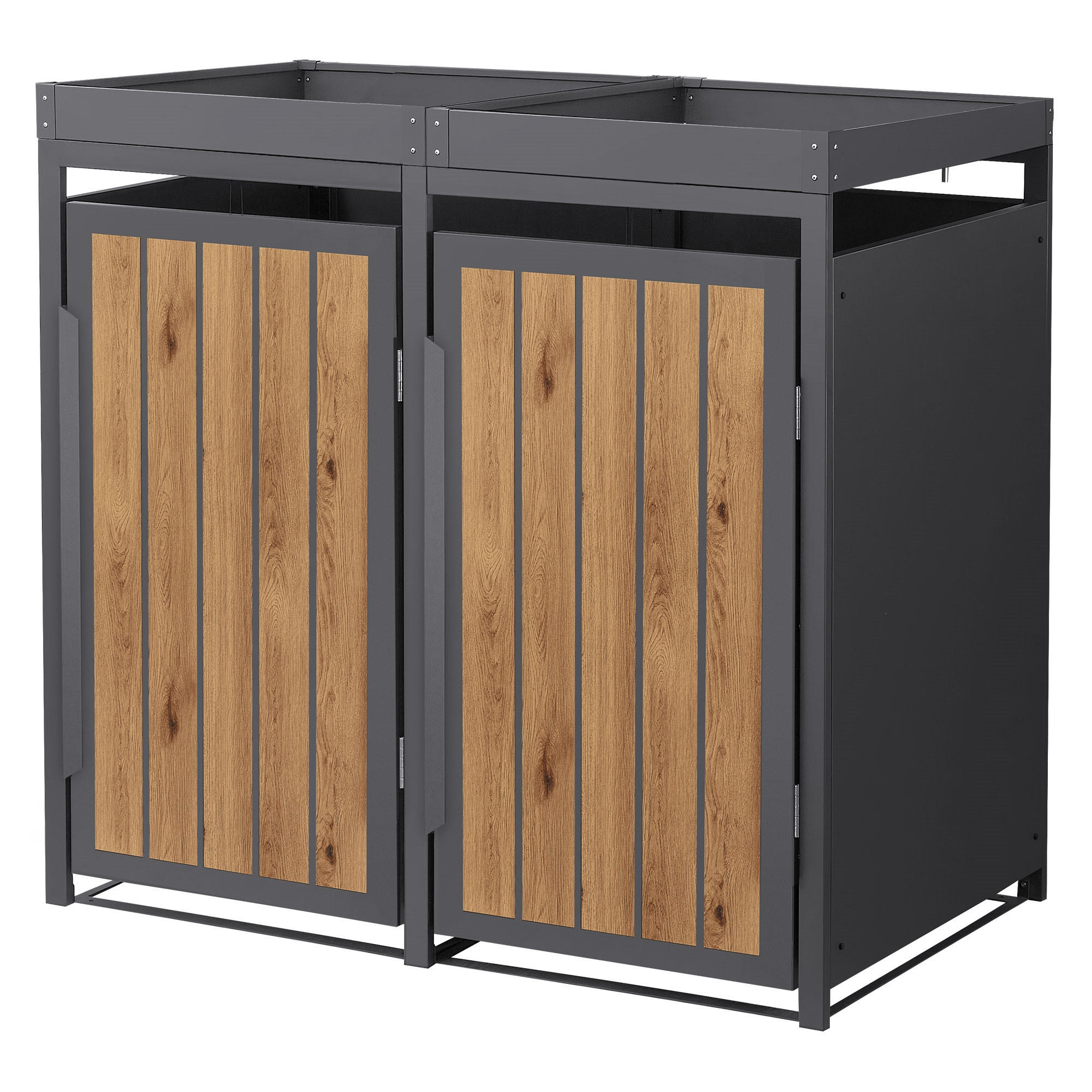 MÜLLTONNENBOX 2er mit Pflanzdach 240L Anthrazit-Holzoptik aus Stahl - Hellbraun, Metall (80/124/132cm) - ML-DESIGN
