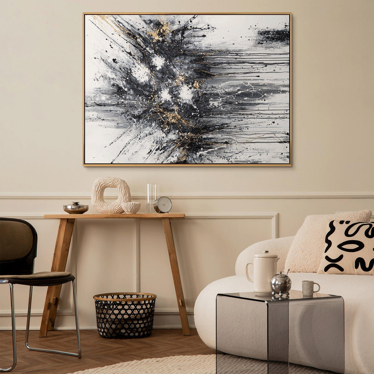GEMÄLDE Tanz der Spritzer II Schattenfugenrahmen Gold 140x100 cm - Goldfarben, Holz (140/100cm) - YS-art gallery