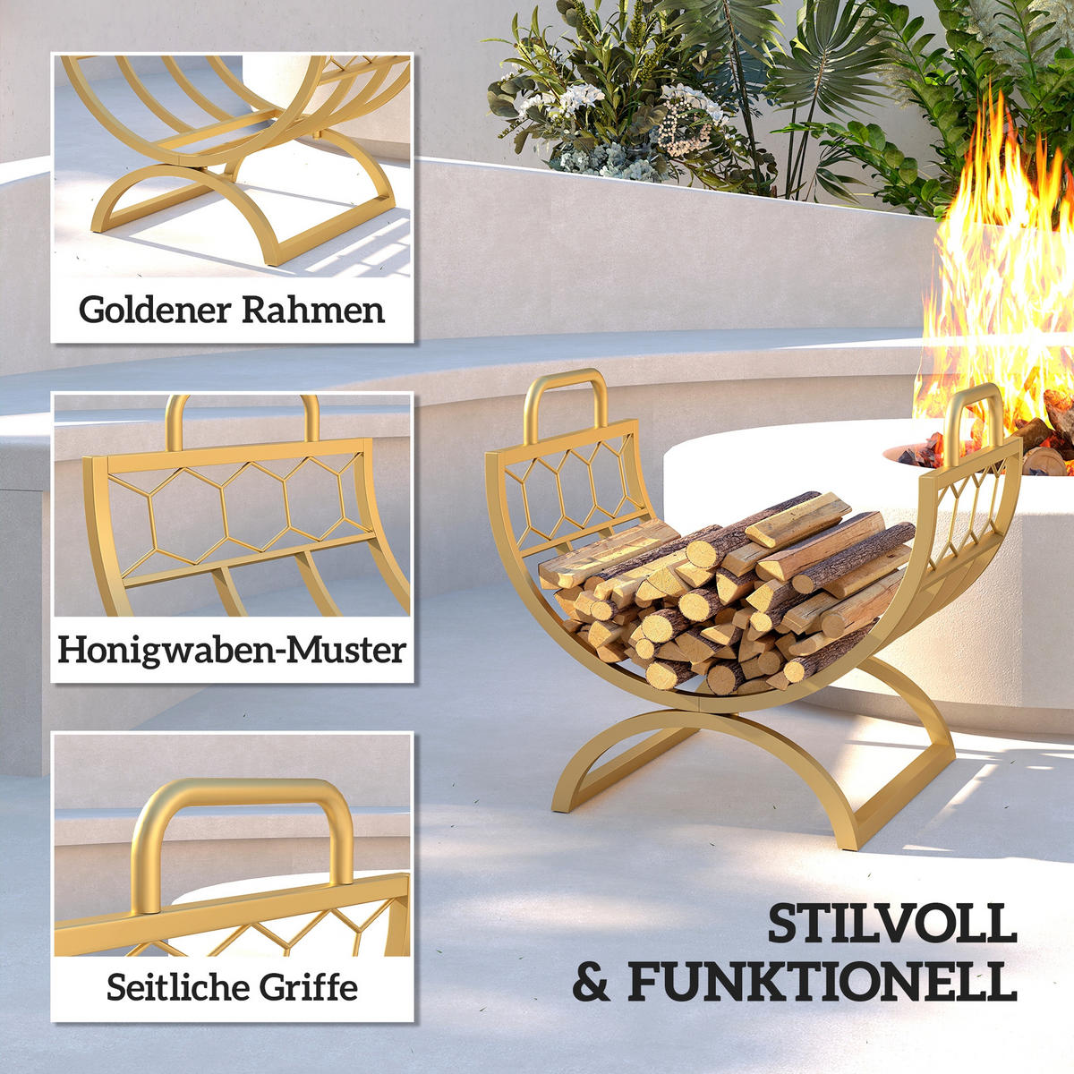 KAMINHOLZREGAL für innen 46 x 36 x 41cm Brennholzregal für Kamin Ofen Gold - Goldfarben, Metall (36/41/46cm) - Outsunny