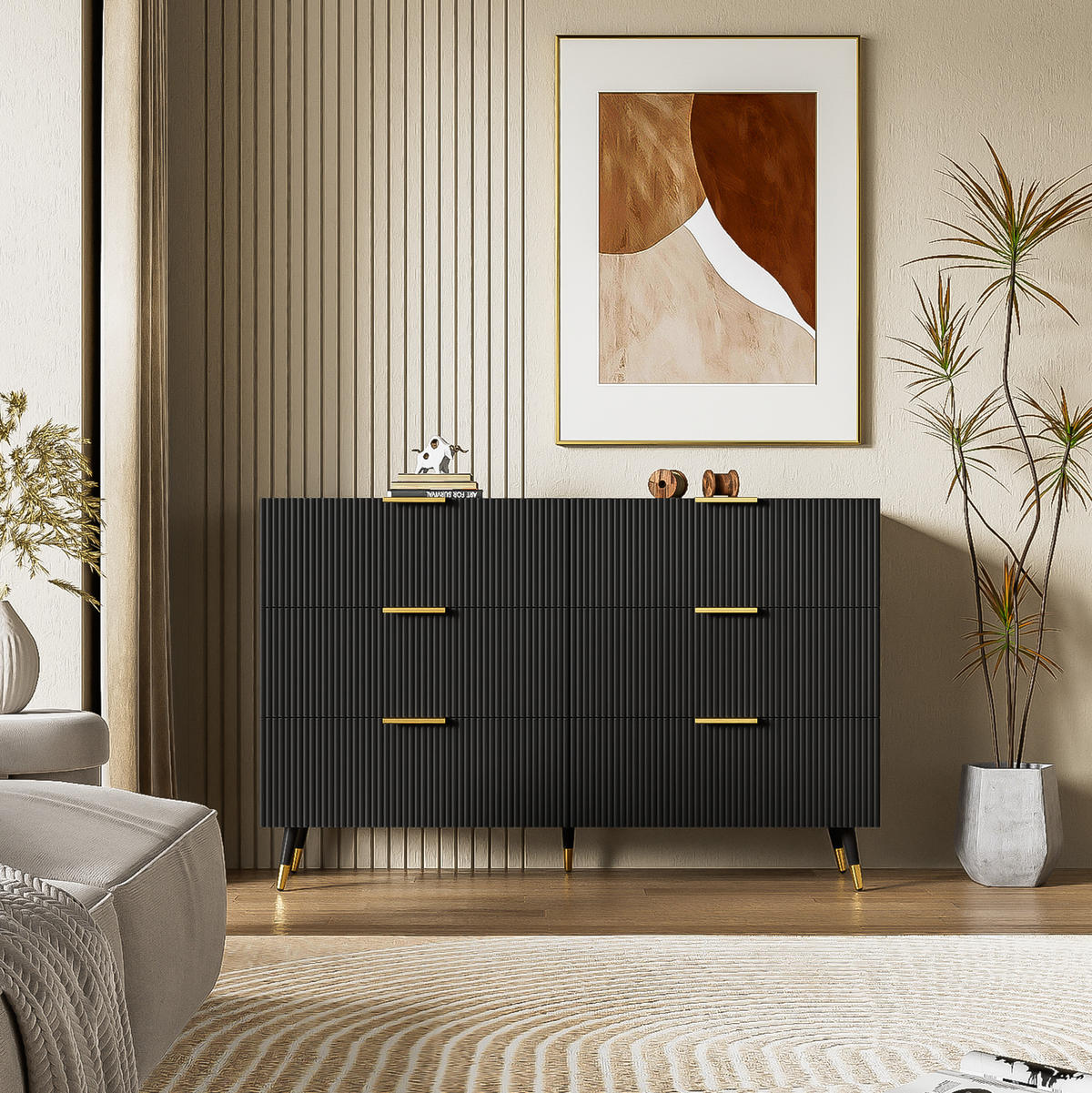 SIDEBOARD 120/40/77 cm in Schwarz mit 6 Schubladen und goldfarbenen Details - Schwarz, Holzwerkstoff (120/40/77cm) - Flora Grace