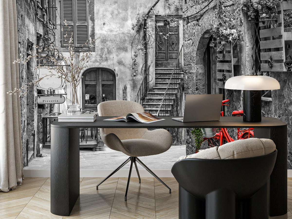 FOTOTAPETE für Wohnzimmer Italienische Gasse Rotes Fahrrad Toskana 150x105 - Rot/Schwarz, Papier (150/105cm) - Muralo