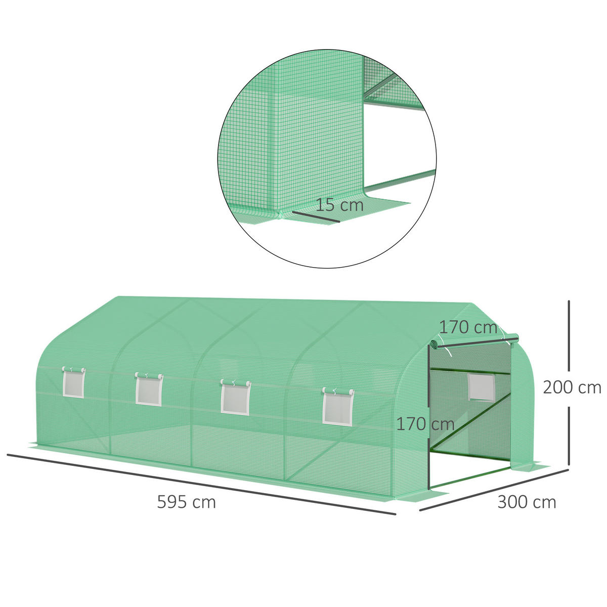 GEWÄCHSHAUS DE-05742 6x3x2 m, 8 Netzfenster, Rolltür Grün - Grün, Kunststoff/Metall (300/200/595cm) - ComfortXL