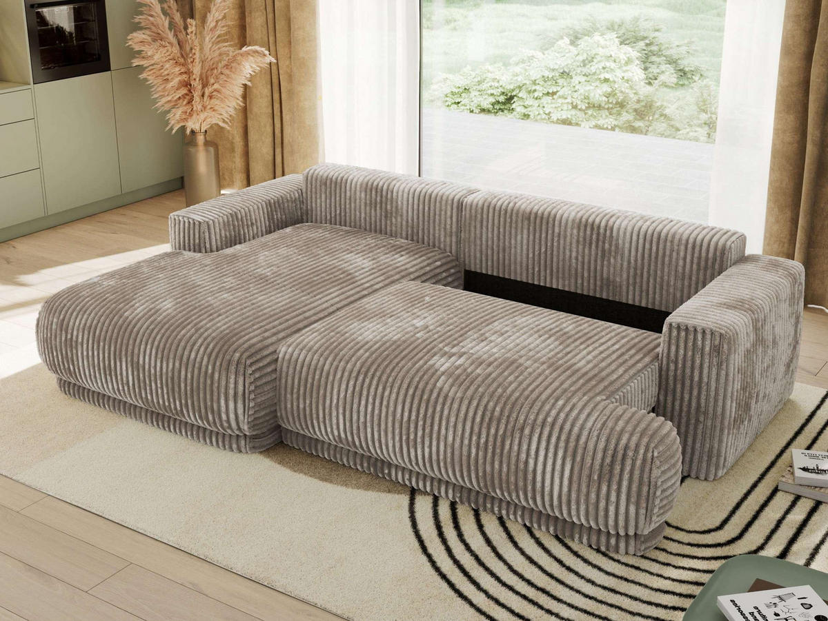 ECKSCHLAFSOFA RINA L Hellbraun Cord - links - Hellbraun/Schwarz, Kunststoff/Textil (267/170cm) - MKS
