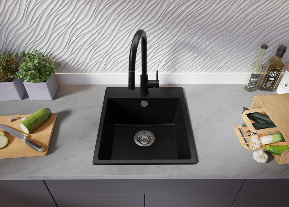 SPÜLBECKEN Riga, 2-er set Schwarz 43/50 cm 1 Becken + Ablauf-Set ab 45er Unterschrank - Chromfarben/Schwarz, Kunststoff (43/20/50cm) - Primagran