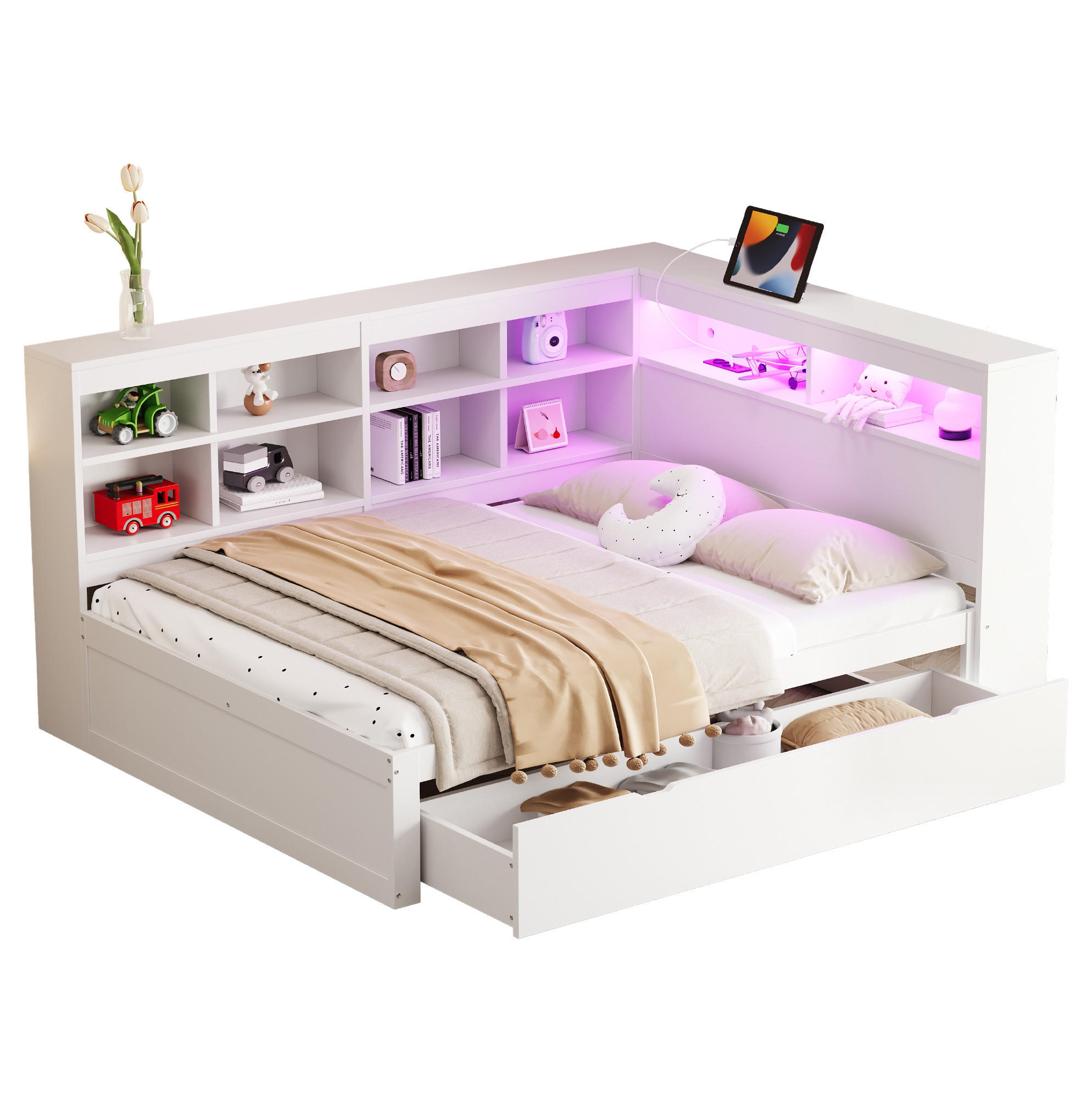 BETT 140/200 cm mit USB-Steckdose, LED-Beleuchtung und viel Stauraum, Weiß - Weiß, Holzwerkstoff (140/200cm) - Redom