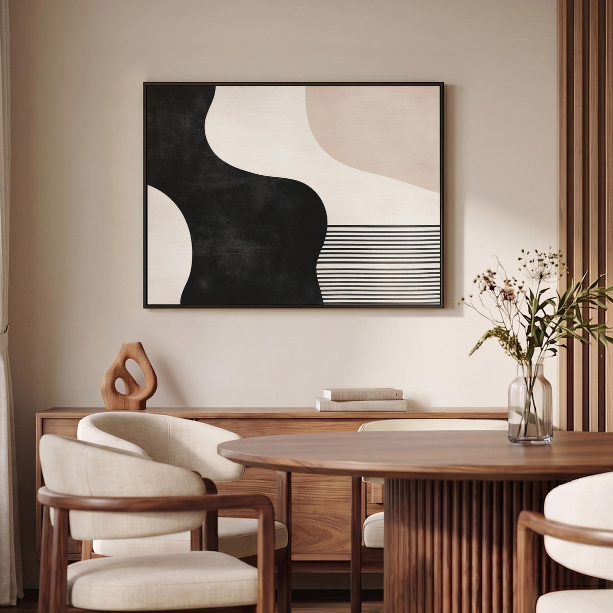 LEINWAND Bilder mit Rahmen - Abstrakt - Japandi - Beige - Modern - 100x70 - Schwarz, Textil (100/70cm) - MuchoWow