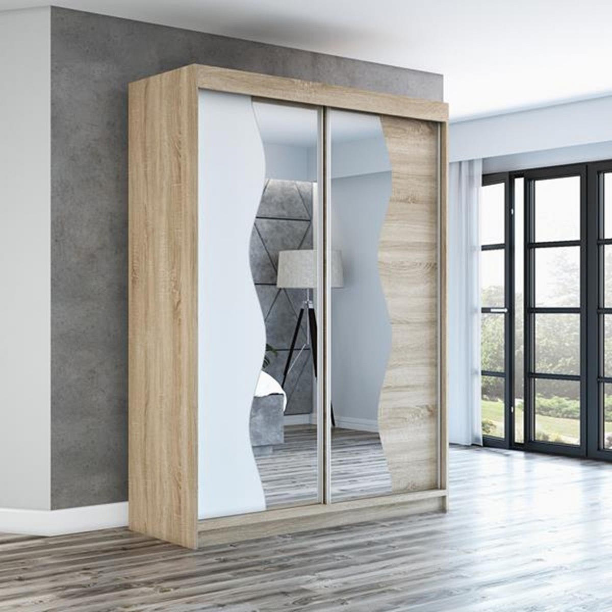 SCHWEBETÜRENSCHRANK 120 CM RIMA Farbe: Sonoma / weiß / sonoma - Braun/Weiß, Holzwerkstoff (120/215/59.5cm) - A&J MöbelLand