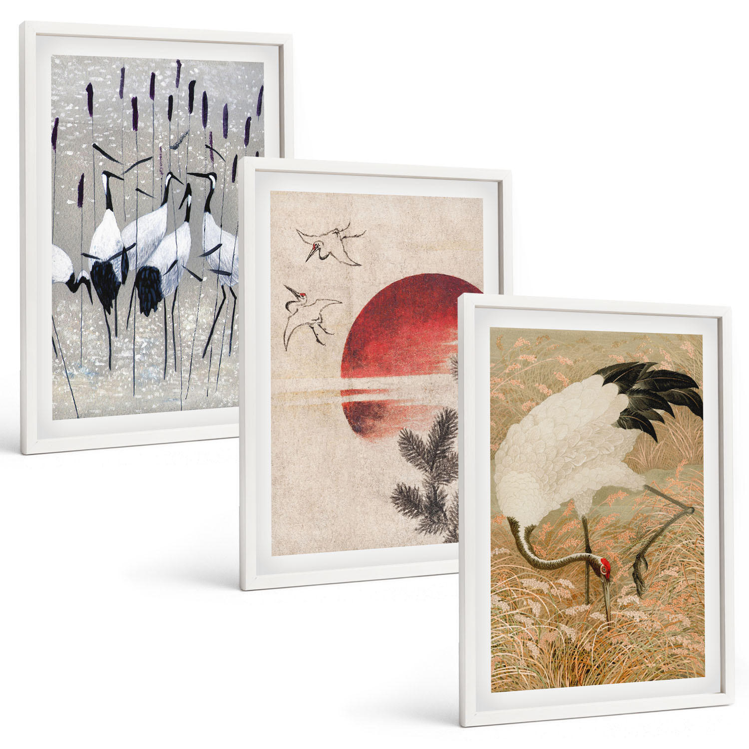 BILDER SET 3er Set - 40x60 cm Weißer Rahmen - Japanische Kraniche Landschaft - Weiß, Kunststoff (40/60cm) - TULUP