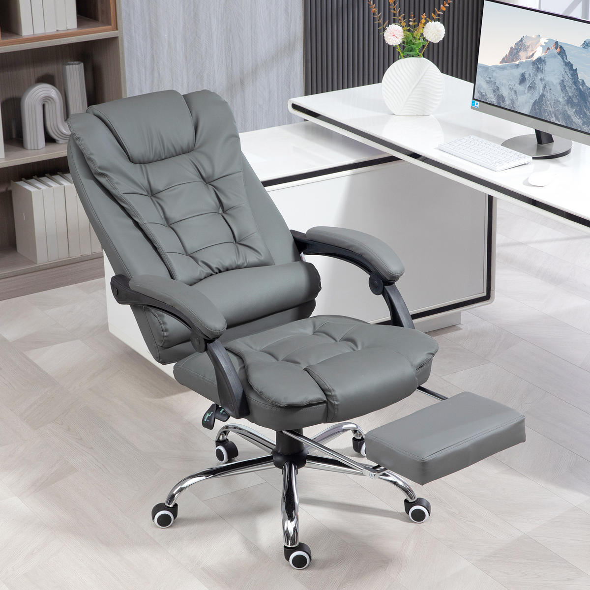 CHEFSESSEL Bürostuhl mit Fußstütze, Schreibtischstuhl mit Neigefunktion Grau - Grau, Kunststoff (69/117/64.5cm) - HOMCOM