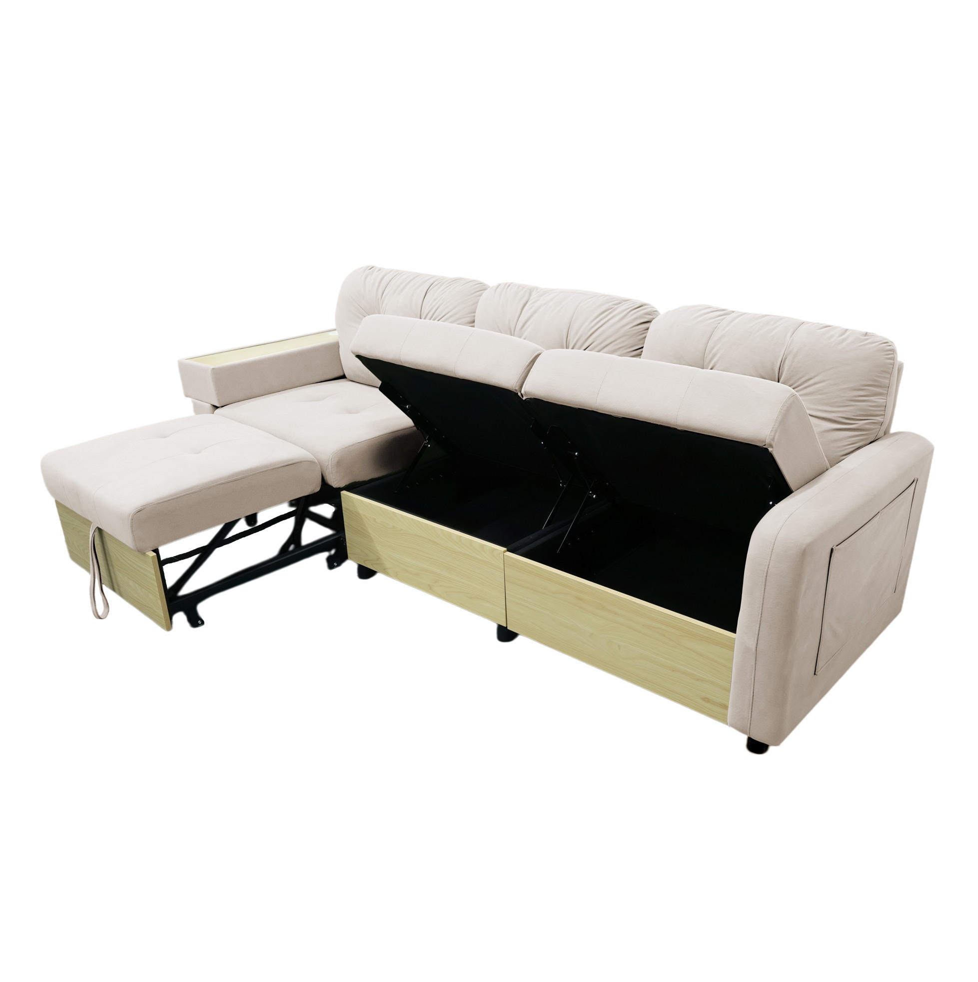 ECKSOFA 228/80/78 cm aus Samt mit Ottomane, USB-Anschluss und Stauraum Beige - Beige, Textil (80/228cm) - Modenvie
