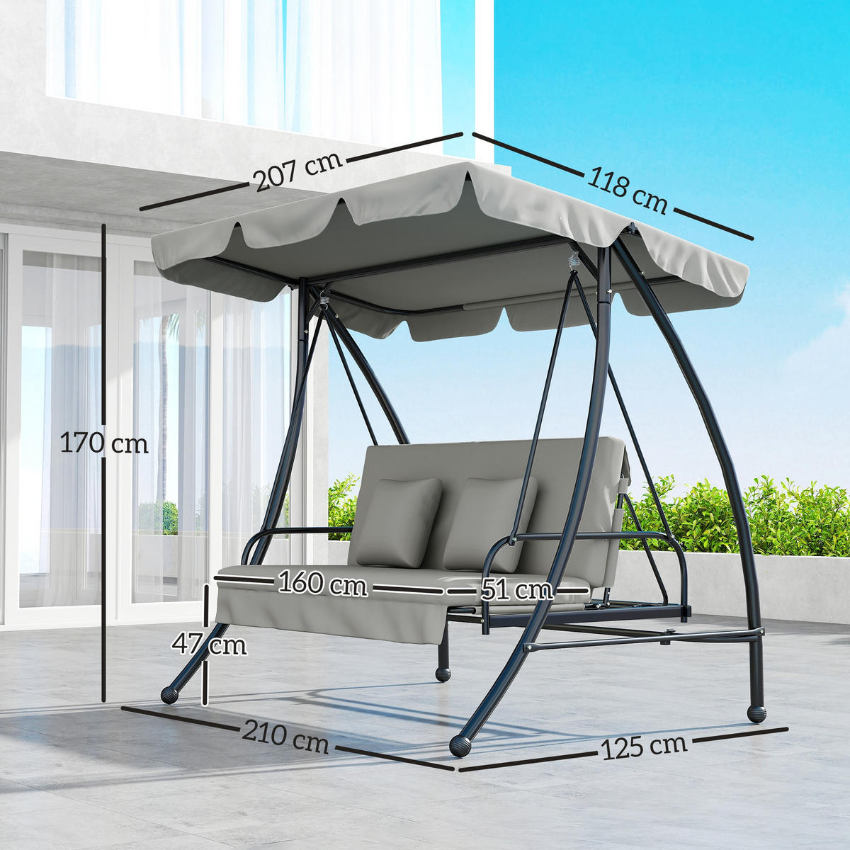 HOLLYWOODSCHAUKEL DE-07018 3-Sitzer, Mit Liegefunktion, neigbares Dach Grau - Grau, Metall (210/170/125cm) - ComfortXL