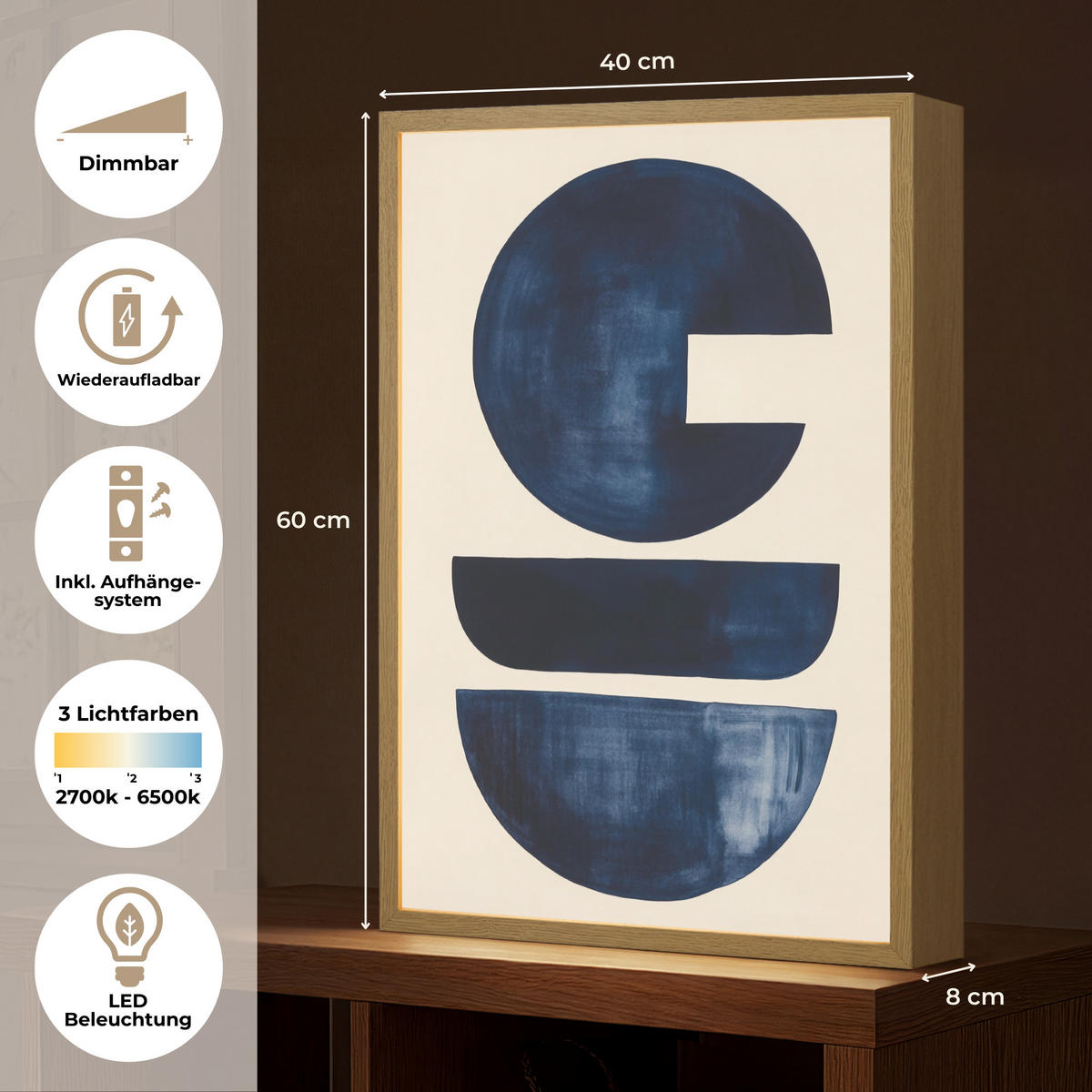 WANDLEUCHTE MIT AKKU Formen - Blau - Abstrakt 40x60 cm - Dunkelblau, Holzwerkstoff (40/60/8cm) - OnlyWow