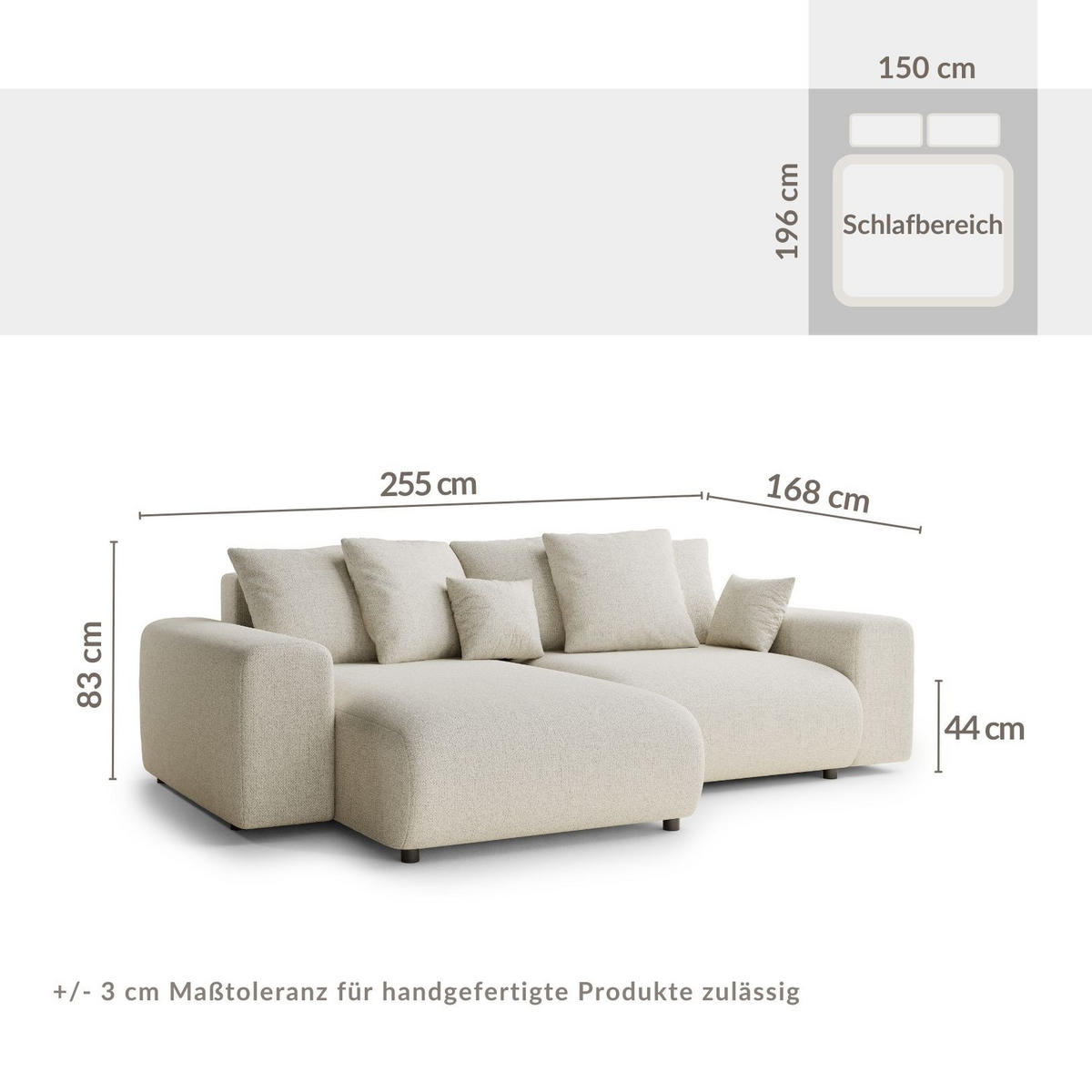 ECKSOFA MIT SCHLAFFUNKTION Solo Seidengrau Webstoff - Beige/Schwarz, Holz/Holzwerkstoff (255/168cm) - Maison de Reve