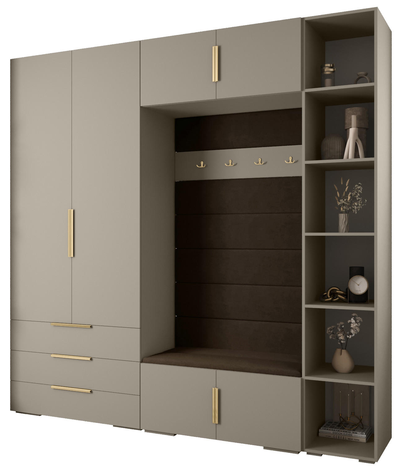 Abiks Möbel Garderoben-Set Kaschmir, Braun, Gold 240x236.7x47 cm