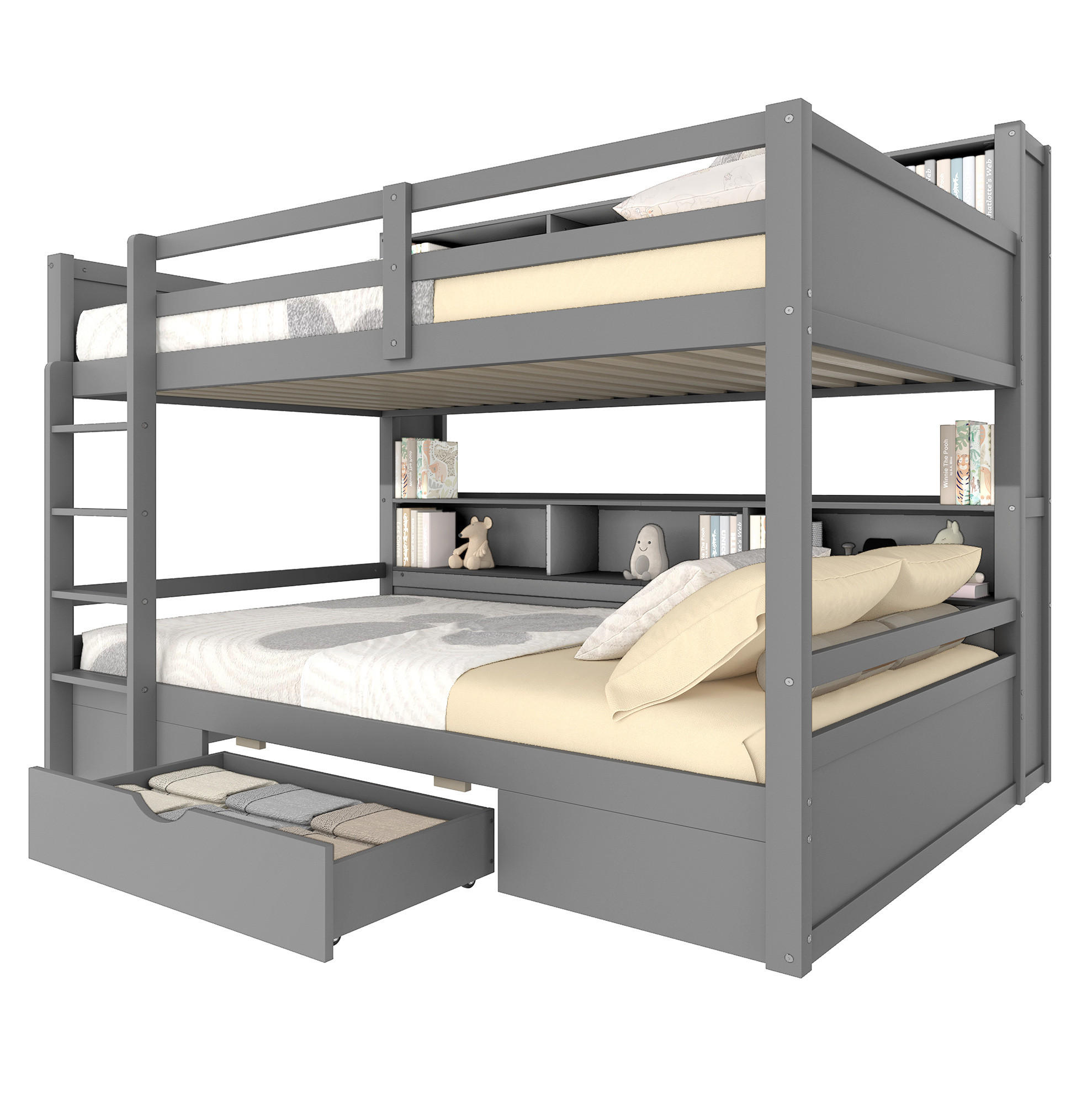 ETAGENBETT mit Schublade und Ablagefächern 90x200 cm Kiefernholz Grau - Grau, Holzwerkstoff (90/200cm) - Beauniv