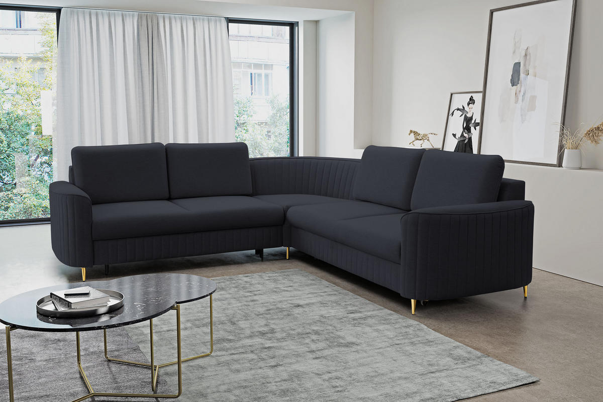 ECKSOFA LAREN, modernes Schlafsofa mit Stauraum, Plastikfüße, L-förmig, lose Rückenkissen freistehend, LINKS 251x252x85 cm Dark blue - Dunkelblau, Holz/Textil (251/252cm) - DomoHome